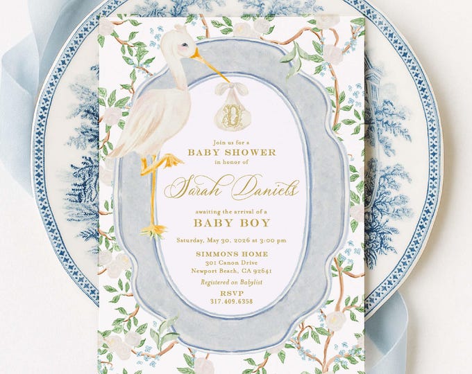 Stork Baby Shower Invitation, Watercolor Blue Floral Rattle, Grandmillennial Style