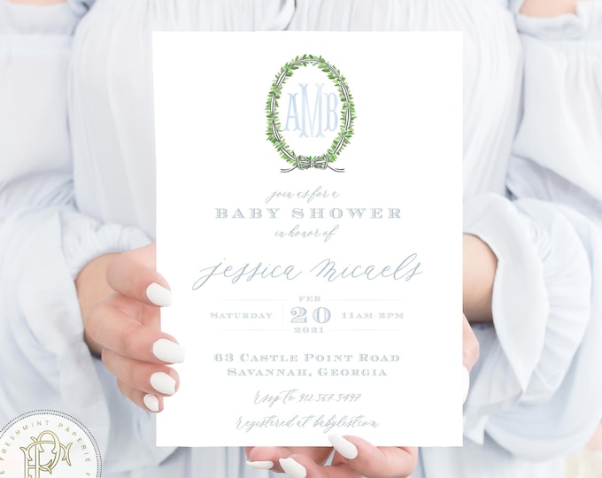 Monogram Baby Shower Invitation - baby shower invitation - baby shower invitation - wreath ribbon invitation - Neutral baby shower