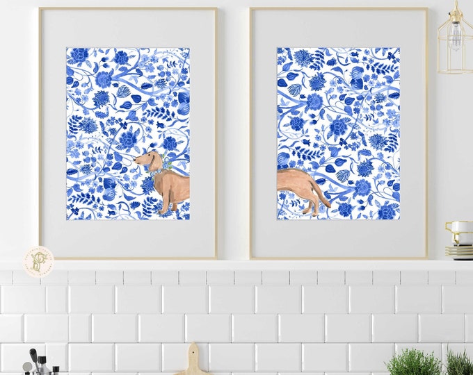 Dachshund Puppy Art Print, Chinoiserie Kitchen Wall Decor