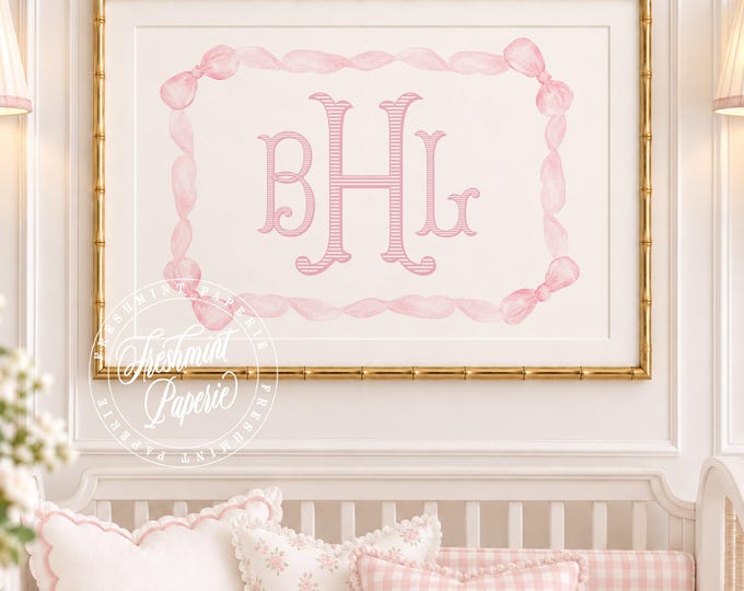Monogram Nursery Print, Watercolor Pink Bow, Custom Name Wall Art