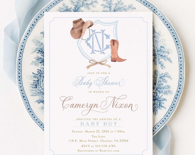 Western Baby Shower Invitation, Rodeo, Monogram, Cowboy Boots & Hat, Crest