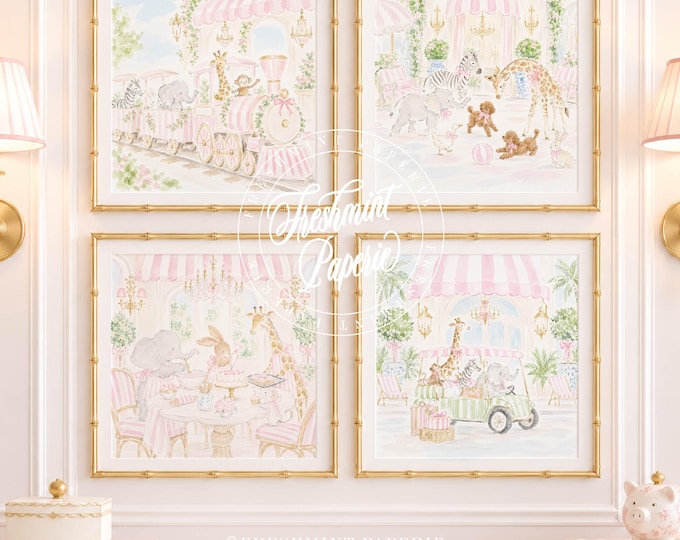 Nursery Art, Girls Room Prints, Grandmillennial, Adventure, Baking, Train, Playing Safari Animals, Set of 4
