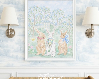 Bunny Nursery wall art, Watercolor, Grandmillennial, Floral