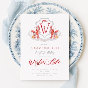 Seafood Boil Invitation, Birthday, Graduation, Summer BBQ, Monogram, Crest, Crawfish, Gingham