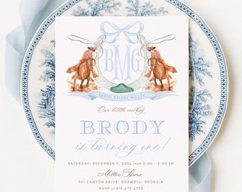Cowboy Birthday Invitation, Rodeo, Watercolor, Monogram, Horse