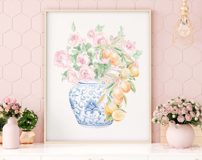 Chinoiserie Ginger Jar Art Print, Peony & Lemon Watercolor