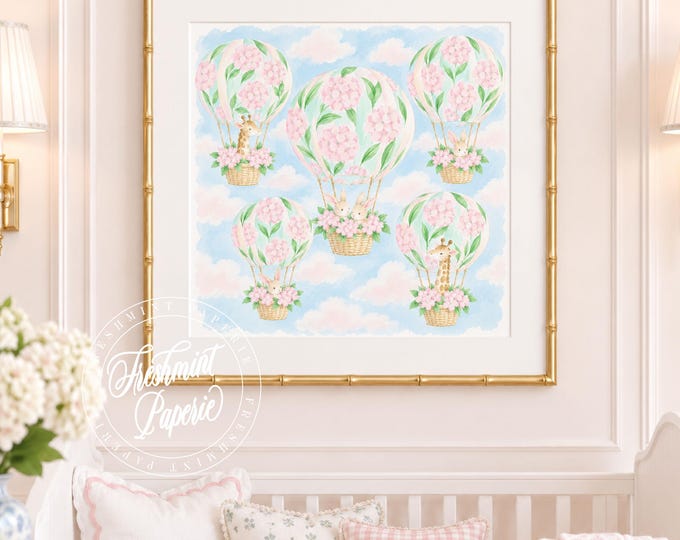 Nursery Wall Art, Bunny art, Hot air Balloons, Hydrangeas, Grandmillennial, Chinoiserie