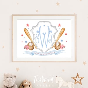 Baseball crest nursery wall art, Sports wall prints, Nursery name print, Baseball Monogram, Personalized Baseball Gift, Watercolor