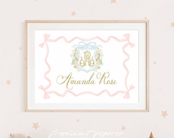 Custom Watercolor Floral Nursery Print, Monogram Name Art