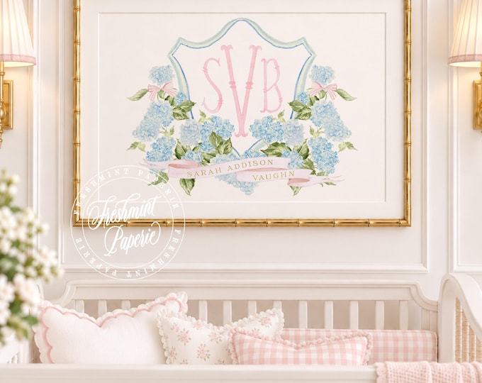 Watercolor Hydrangea Monogram Nursery Print, Custom Wall Art, Crest