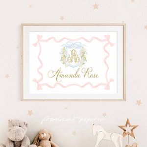 Kinderzimmer Wandbild, Monogramm Kinderzimmer Wandbild, Kinderzimmer Namensdruck, Aquarell Blumenkindergarten Druck, Benutzerdefinierte Kinderzimmer Wandkunst