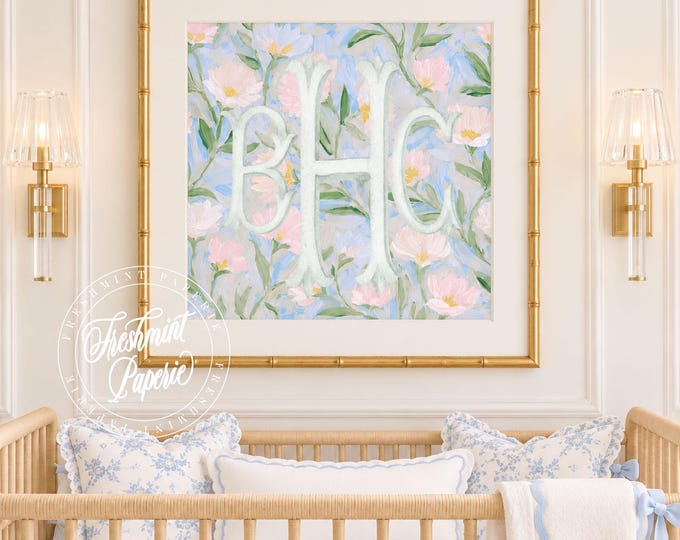 Monogram Wall Art, Monogram, Grandmillennial, Watercolor, Peony, Florals