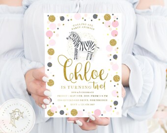 Zebra Confetti birthday party invitation for girls, pink confetti invitation, safari animals zoo party invitation, pink black safari invite