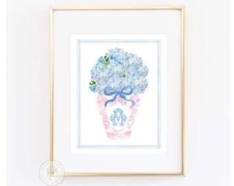 Chinoiserie wall art, Ginger Jar Wall Art, Blue and white Chinoiserie print, Chinoiserie print Wall Art, Monogram Art, Blue & white vase