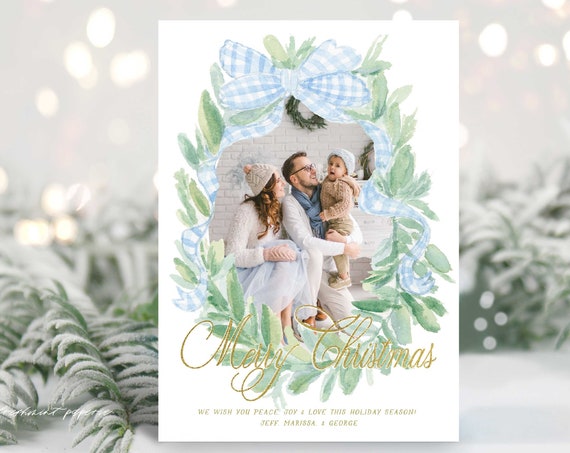 Blue Gingham Bow Holiday Card, Christmas card, Photo Christmas cards, Photo holiday cards, Pretty Holiday Cards, Gingham