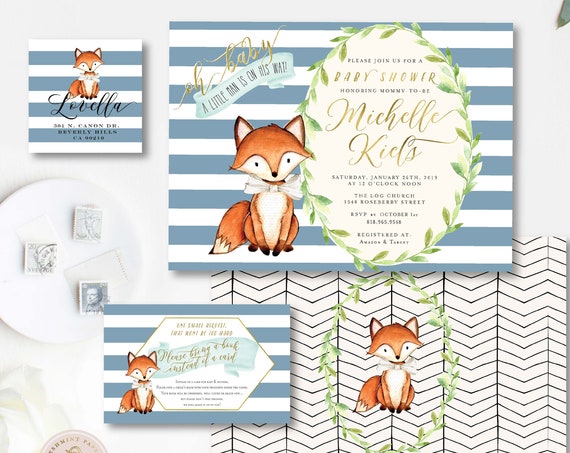 Woodland baby shower invitation -  woodland invitation - fox invitation - woodland fox invitation - fox - baby shower - bowtie