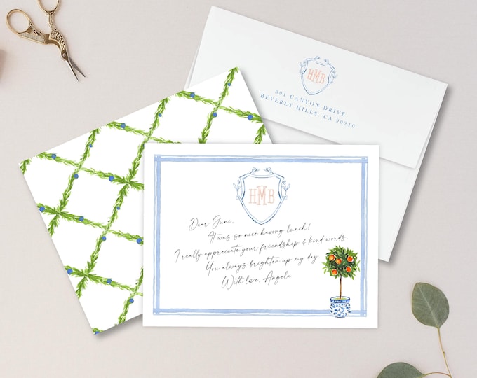 Ginger Jar - Personalized Stationery - Monogram Note Cards - Monogram Stationery Note Cards - Stationery Suite - Orange tree - set12