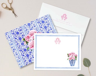 Personalized Stationery - Peony Ginger Jar Note Cards - Peony Stationery Note Cards - Ginger Jar Notecards - Chinoiserie - set21