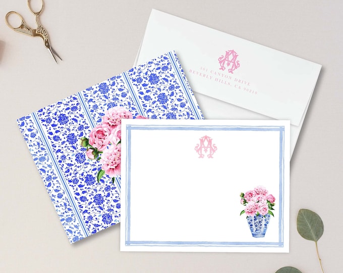 Personalized Stationery - Peony Ginger Jar Note Cards - Peony Stationery Note Cards - Ginger Jar Notecards - Chinoiserie - set21