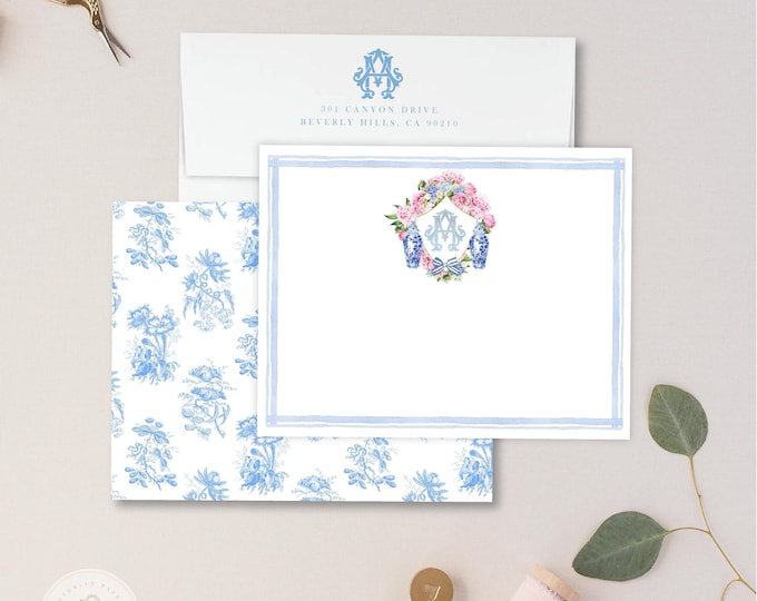 Personalized Stationery - Peony Ginger Jar Note Cards - Peony Stationery Note Cards - Ginger Jar Notecards - Chinoiserie - set22