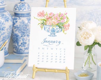 Watercolor Desk Calendar, Ginger Jar Chinoiserie Monthly Planner, 2027