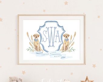 Może przedstawiać: Ramka z akwarelową ilustracją niebieskiego i białego monogramu z literami "SWA" otoczonego dwoma żółtymi labradorami. Monogram jest otoczony niebieską i białą wstążką z napisami "Sawyer Austin Walker".