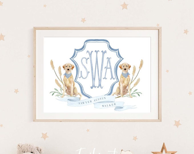 Labrador Puppy Nursery Print, Custom Monogram Crest Wall Art