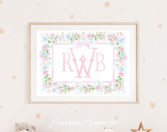 Watercolor monogram, Nursery Monogram, Pink floral Monogram, Nursery wall art, Whimsical floral nursery art, Ribbon, Baby Girl