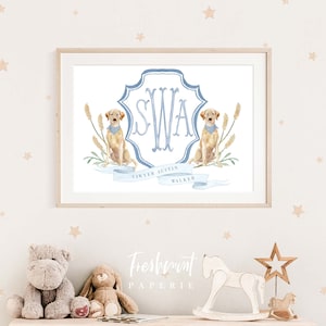 Labrador Puppy Nursery Print, Custom Monogram Crest Wall Art