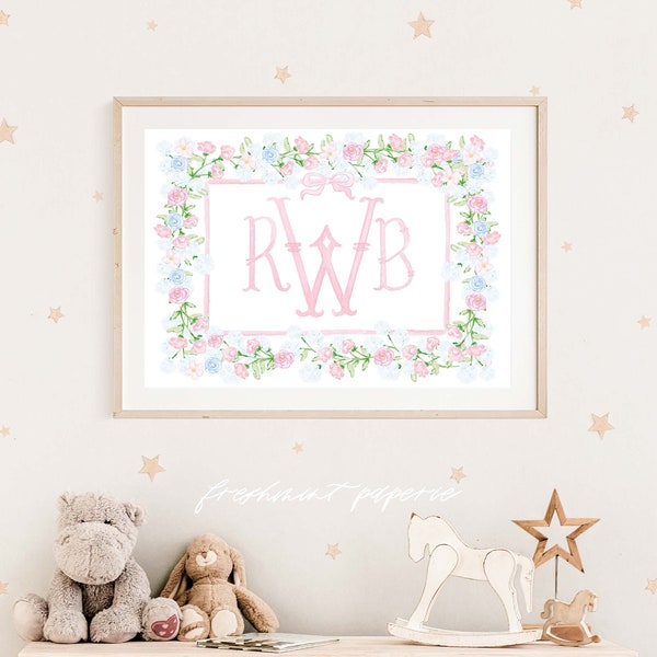 Watercolor monogram, Nursery Monogram, Pink floral Monogram, Nursery wall art, Whimsical floral nursery art, Ribbon, Baby Girl
