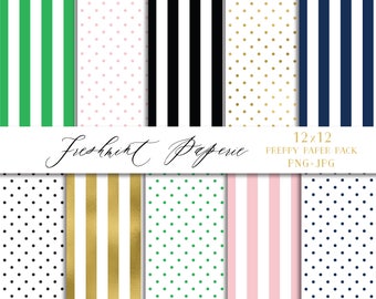 Preppy digital paper  - stripes & polka dots digital paper - freshmint paperie