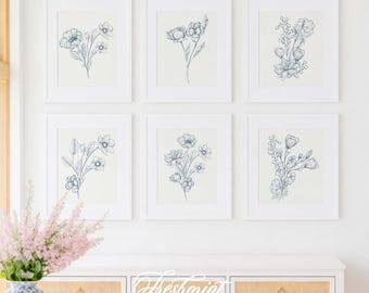Blue Botanical art Prints, Floral Wall Art, Vintage Botanical Prints, Set of 6