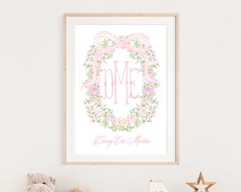 Watercolor monogram Floral nursery Wall Art, Nursery name print, Monogram Nursery, Custom nursery wall art, Whimsical floral nursery art