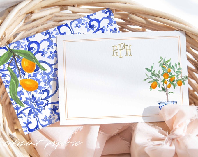 Personalized Stationery - Monogram Note Cards - Monogram Stationery Note Cards - Ginger Jar - Orange Chinoiserie - set16