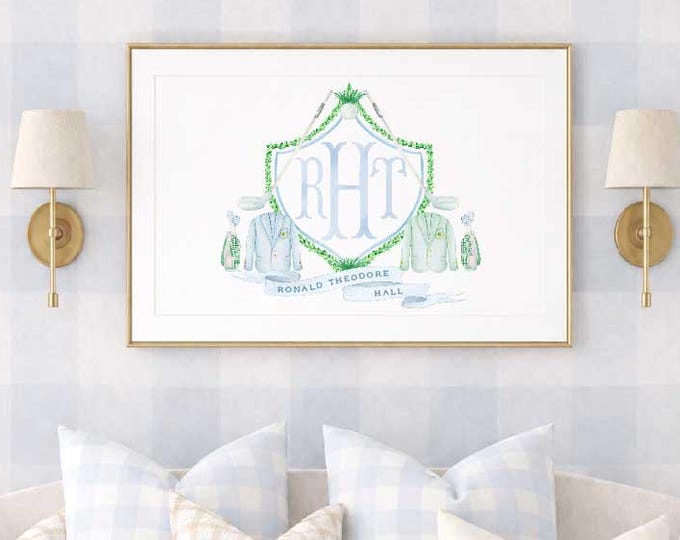 Golf Nursery Wall Art, Monogram, Watercolor, Baby Boy, Crest