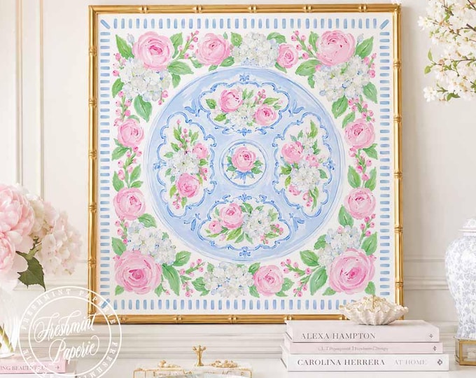 Watercolor Medallion Wall Art, Monogram, Grandmillennial, Floral, Chinoiserie Plate, Ginger Jar