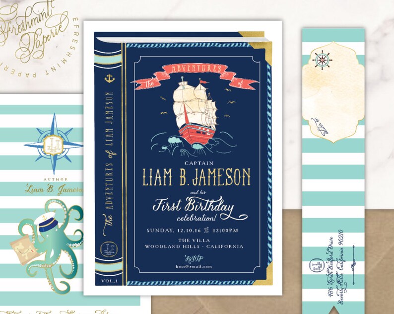 NAUTICAL invitation storybook invitation first birthday adventure invitation boys invitation anchor theme freshmint paperie