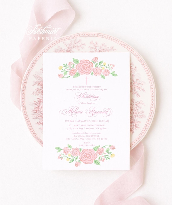 Floral Cross Christening Invitation: Custom Religious Invitation