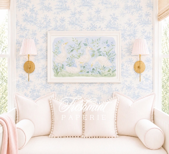 Chinoiserie wall art, Watercolor, Grandmillennial, Floral, Herring, Grandmillennial