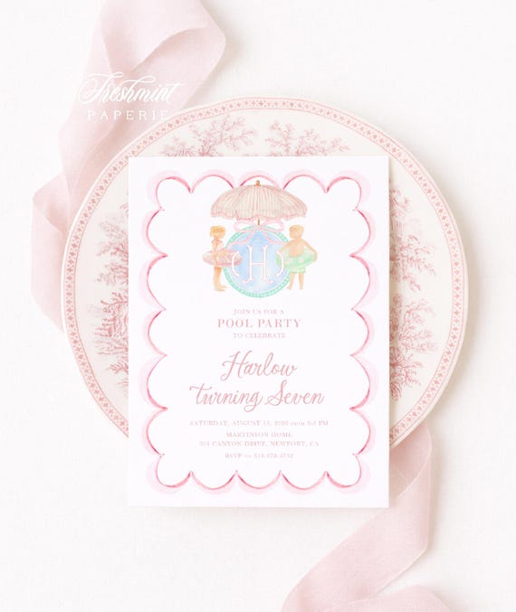 Watercolor Pool Party Birthday Invitation, Gingham Monogram