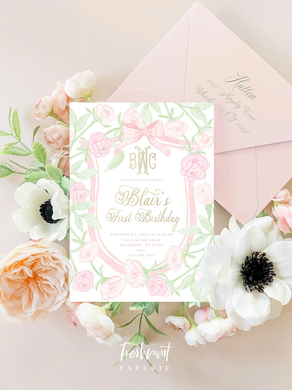 Watercolor Floral Crest Invitation, Watercolor Crest Invitation, Gingham Invitation, Monogram invitation, Monogram crest invitation, Gingham