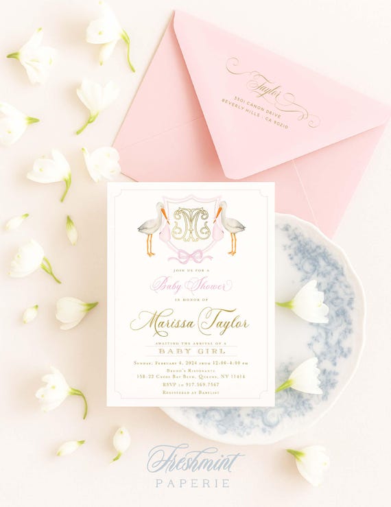 Watercolor Stork Invitations, Stork Invitation, Baby Shower Invitation, Baby Girl Shower, Pink Stork, Grandmillennial, Monogram, Crest