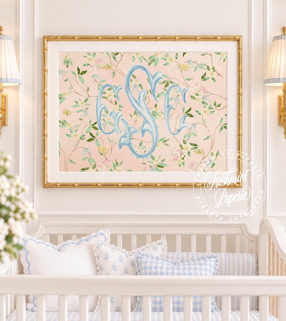 Watercolor Chinoiserie Monogram Nursery Art, Custom Wall Print, Cherry Blossom, Grandmillennial, Peach