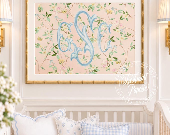 Watercolor Chinoiserie Monogram Nursery Art, Custom Wall Print, Cherry Blossom, Grandmillennial, Peach