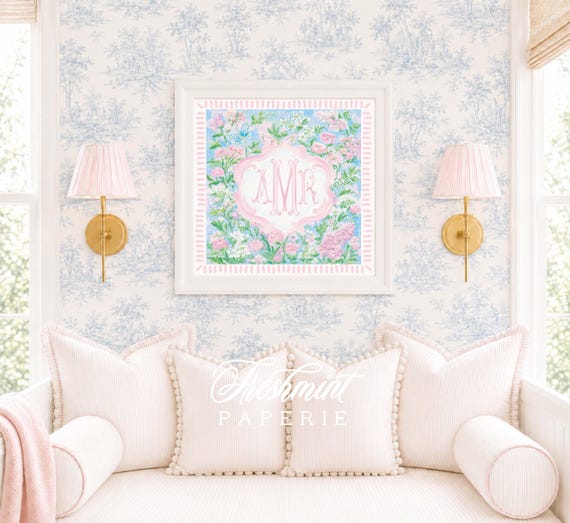 Monogram Wall Art, Monogram, Medallion, Grandmillennial, Watercolor, Chinoiserie, Butterflies