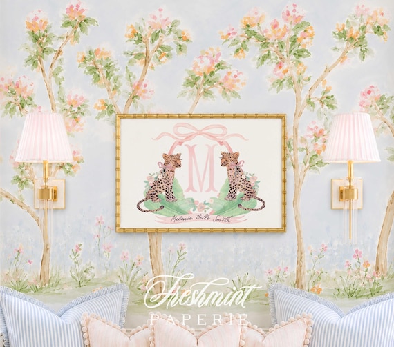 Cheetah Nursery Art Print, Safari, Monogram, Crest, Pink Bow