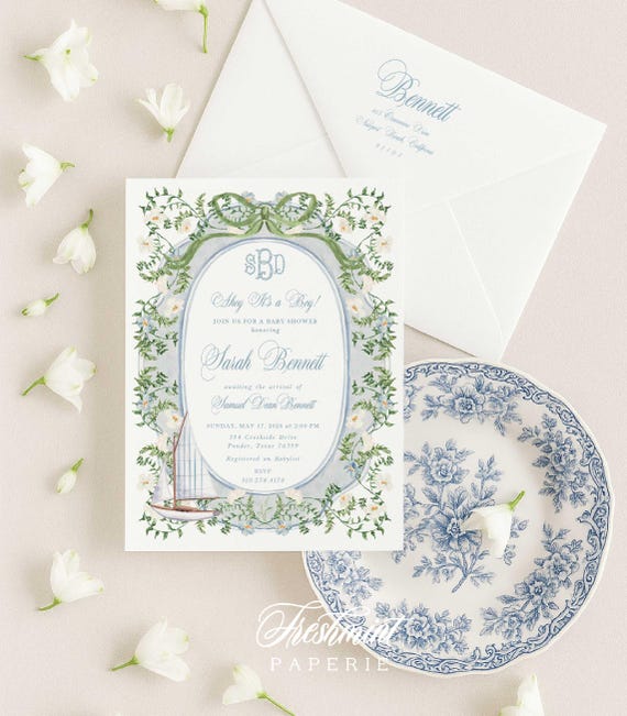 Nautical Baby Shower Invitation, Monogram, Watercolor, Ahoy