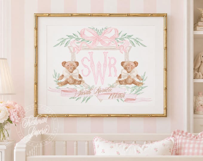 Teddy Bear Nursery Art: Custom Monogram Crest, Brown Bear Wall Decor