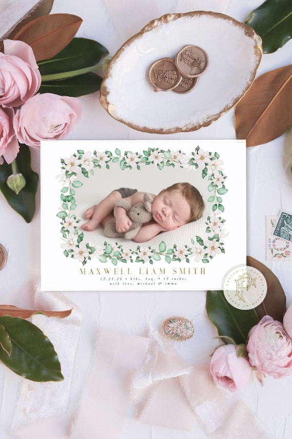 Watercolor Birth Announcement, Magnolia flowers, Birth Announcement, Monogram Birth Announcement, Monogram Announcement, Welcome Baby