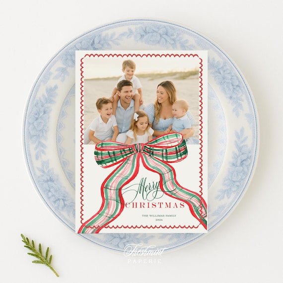 Plaid Ribbon Photo Christmas Cards: Custom Holiday Card Set